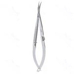 Troutman-Castroviejo corneoscleral scissors curved right medium blades blunt tips flat 3-hole handle with lock