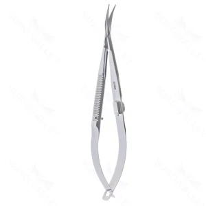 Troutman-Castroviejo corneoscleral scissors curved right medium blades blunt tips flat 3-hole handle with lock – surgivalley (002210904)