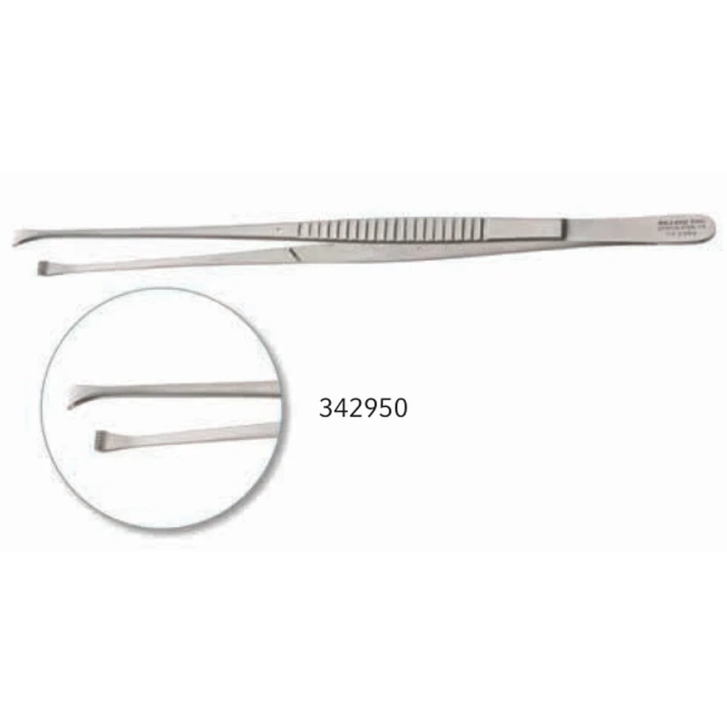 Pinzas tipo joyero de 4 3/8" con vástago recto y puntas dentadas en cruz de 3.0mm, mango plano