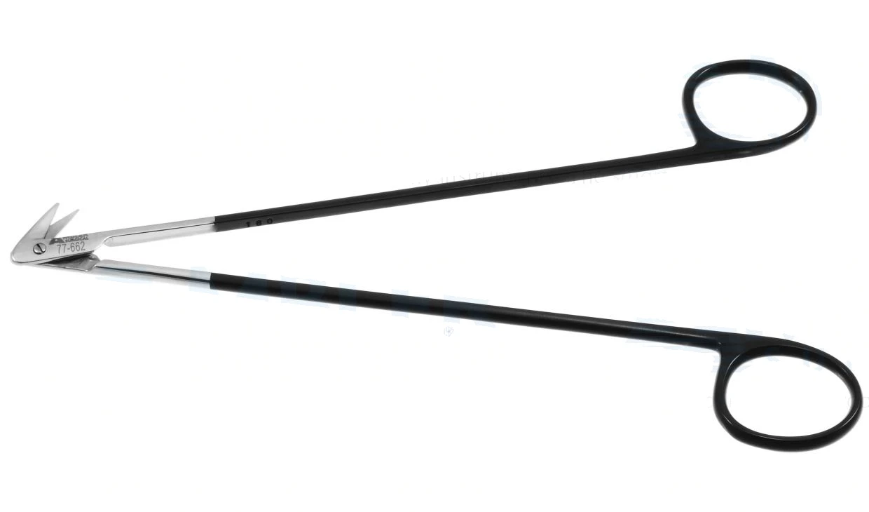 Diethrich coronary artery scissors 7 angled 120° Superior-Cut blades micro serrated lower blade sharp tips, frosted ring handle
