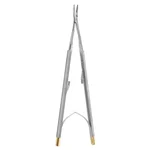 Porta-agulhas Barraquer 5 1/4" delicado curvo cônico 9.0mm TC mandíbulas jateadas cabo redondo com trava universal titânio