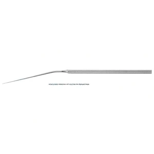 Schuknecht foot plate hook 6 1/2 angled shaft angled up 0.7mm long anterior tip round handle