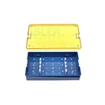 Sterilization and storage container 11L x 7W x 1 1/2H, thermo plastic, holds multiple instruments and RF-cables, perforated, includes base, lid, and silicone mounting bars