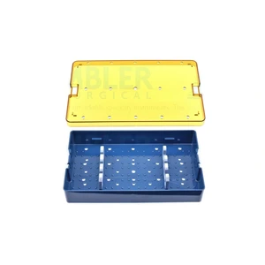 Sterilization and storage container 11L x 7W x 1 1/2H, thermo plastic, holds multiple instruments and RF-cables, perforated, includes base, lid, and silicone mounting bars