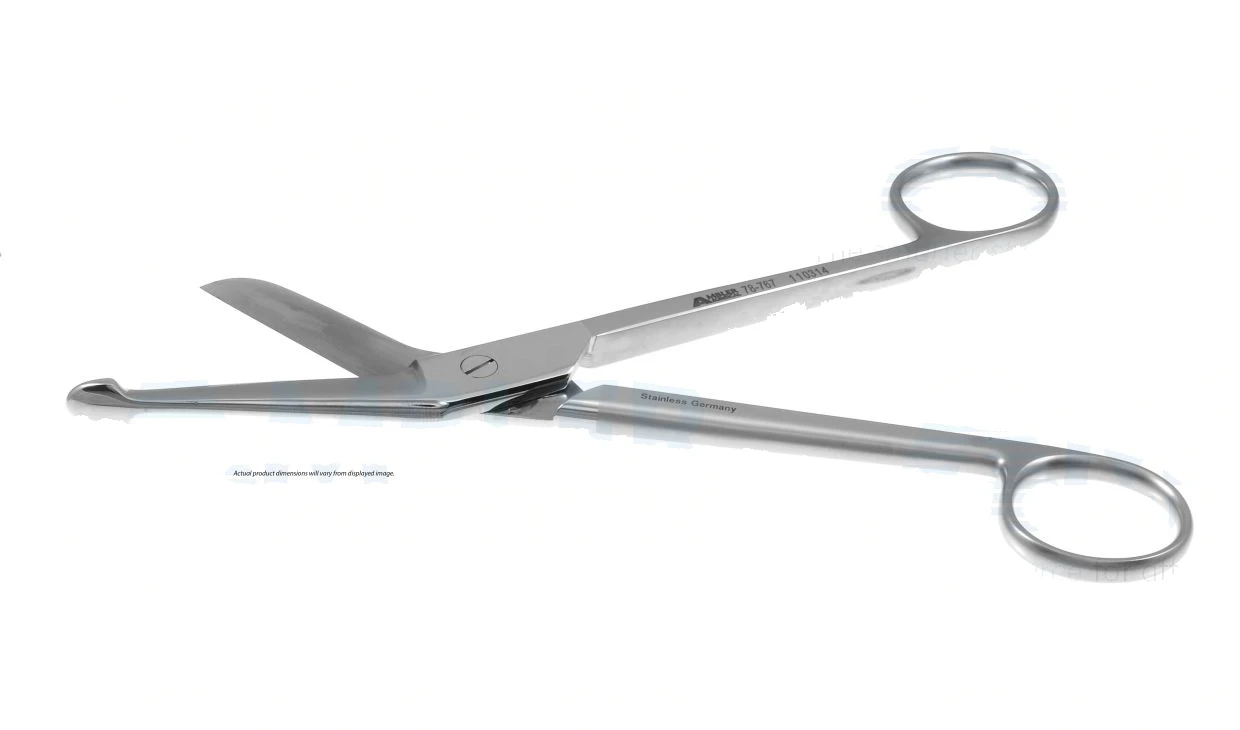 Lister bandage scissors 8 angled Superior-Cut blades micro serrated lower blade, probe point tip, frosted ring handle