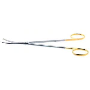 Metzenbaum dissecting scissors 7 curved TC blades micro serrated lower blade blunt tips gold ring handle