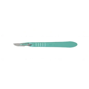 surgical blades," "#10 blade size," pre-assembled blades mounted on a plastic hand