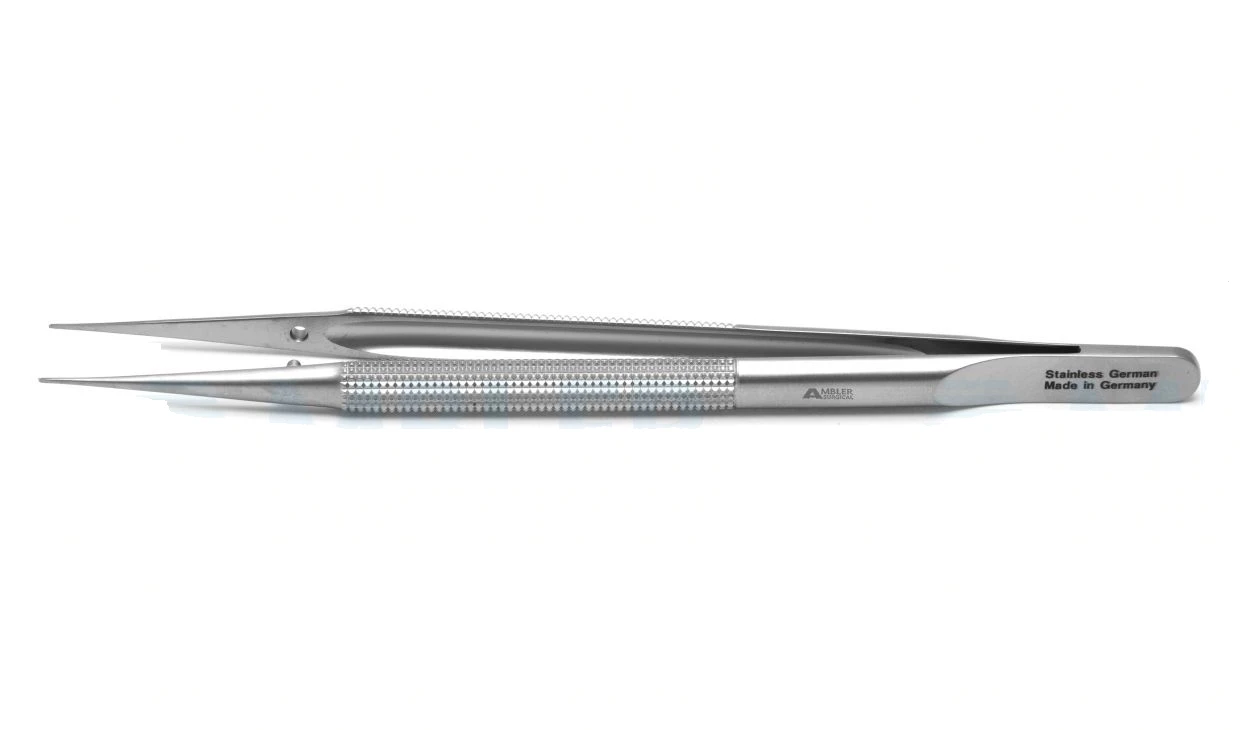 Pinzas microquirúrgicas 6" rectas puntas tipo Pierse de 0.3mm sin plataforma de anudado mango redondo equilibrado de 8.0mm