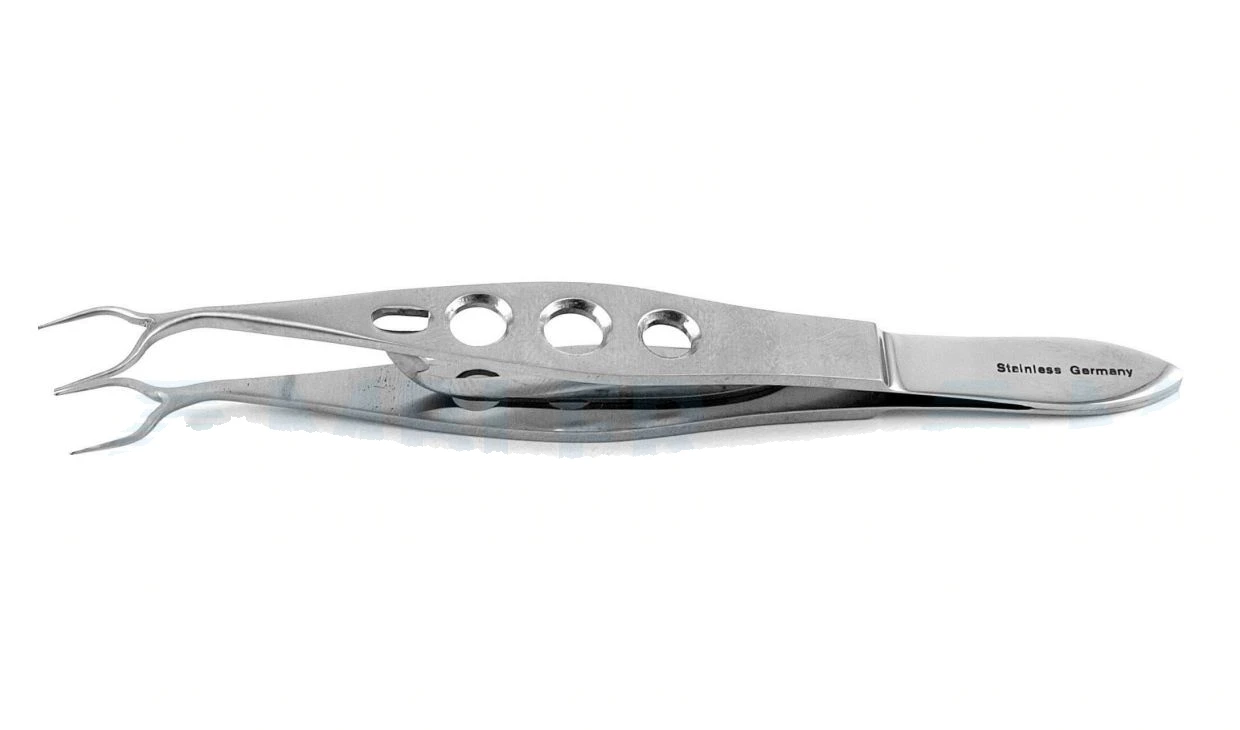 Pinzas de fijación corneal Kremer de 4 1/8" con vástagos angulados, dientes dobles en forma de U de 0.12mm 1x2, separación de 13.0mm con bloqueo
