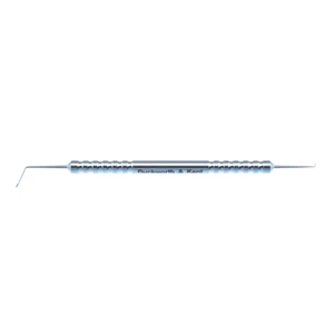 D&K SMILE double ended dissector 4 1/2 double-ended angled 70° 9.5mm from bend to tip 1.25mm x 0.35mm spoon shaped tip, laser markings at 7.0mm, 7.5mm, and 8.0mm angled 60° 2.0mm fro