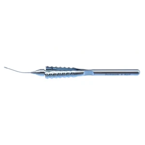 D&K SMILE lenticule removal forceps 5 23 gauge curved shaft delicate serrated jaws with blunt tip 3.0mm tip length round squeeze handle titanium – surgivalley (002211430)