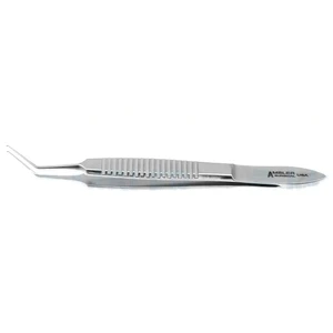 Gimbel capsulorhexis forceps 3 1/4 angled shafts 12.0mm from bend to tip fine serrated grasping tips jaws set to open only 3.0mm flat handle – surgivalley (090210811)
