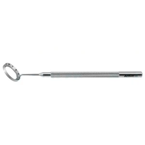 Medidor de graus Henderson Toric 4" face biselada, anel interno de 11.7mm de diâmetro com dentes atraumáticos, mede 0-180º em incrementos de 5º, entalhes nas 4 posições cardeais, cabo redondo