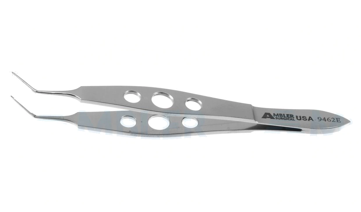 Pinzas Kraff para etiquetas de cápsula con vástagos angulados, 11.0mm desde la curva hasta la punta, puntas de agarre planas de 1.5mm y mango plano de 3 agujeros