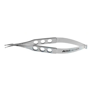 Lieberman mikro-ringpincet 4 1/4" vinklet 15º kæber med 1.2mm diameter ringformede spidser, krydsvirkende fladt 3-huls håndtag