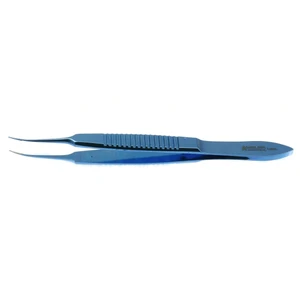 McPherson 打结镊 3 3/8" 弯曲杆身 4.0mm TC 撒粉打结平台 窄齿纹平柄 钛合金