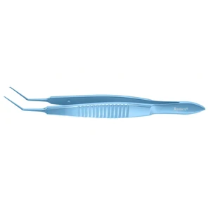 Nevyas 囊膜切开镊 4 1/8英寸 弯角杆身 弯曲至尖端11.0mm，截囊刀形尖端 平柄3孔 钛合金 – surgivalley (001213014)