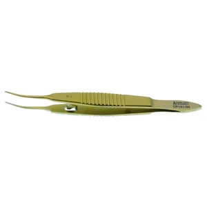 Stern-Castroviejo缝合镊 4英寸 弯杆身 0.4mm 1x2齿 6.0mm TC打结平台 宽带锁扁平手柄 钛合金 – surgivalley (003210655)