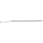 Suh strabismus muscle hook 5 for use in the left hand angled 30° offset 7.0mm shaft 0.55mm wide grooved track, semi-sharp dissecting tip round handle