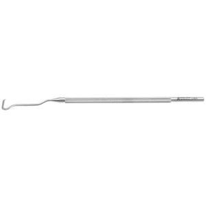 Suh strabismus muscle hook 5 for use in the left hand angled 30° offset 7.0mm shaft 0.55mm wide grooved track, semi-sharp dissecting tip round handle – surgivalley (005212414)