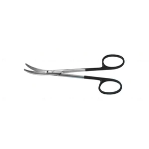 Fomon lateral scissors 5 curved Superior-Cut blades micro serrated lower blade blunt tips black ring handle