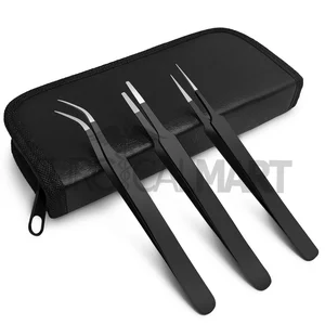 Precision Eyelash Tweezers with Carrying Case - Black Set of 3
