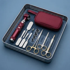 Mini Fiber Optic Otoscope Set - Burgundy (13-Piece Set, 5 Types)