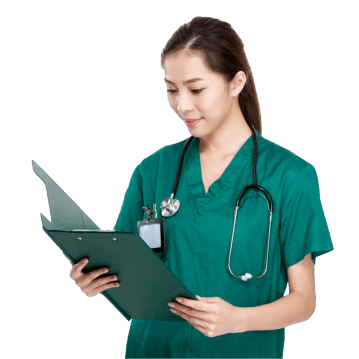 Female nurse in green scrubs reviewing a medical clipboard.