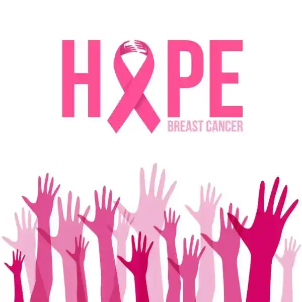 Breast cancer awareness with raised hands showing support and unity